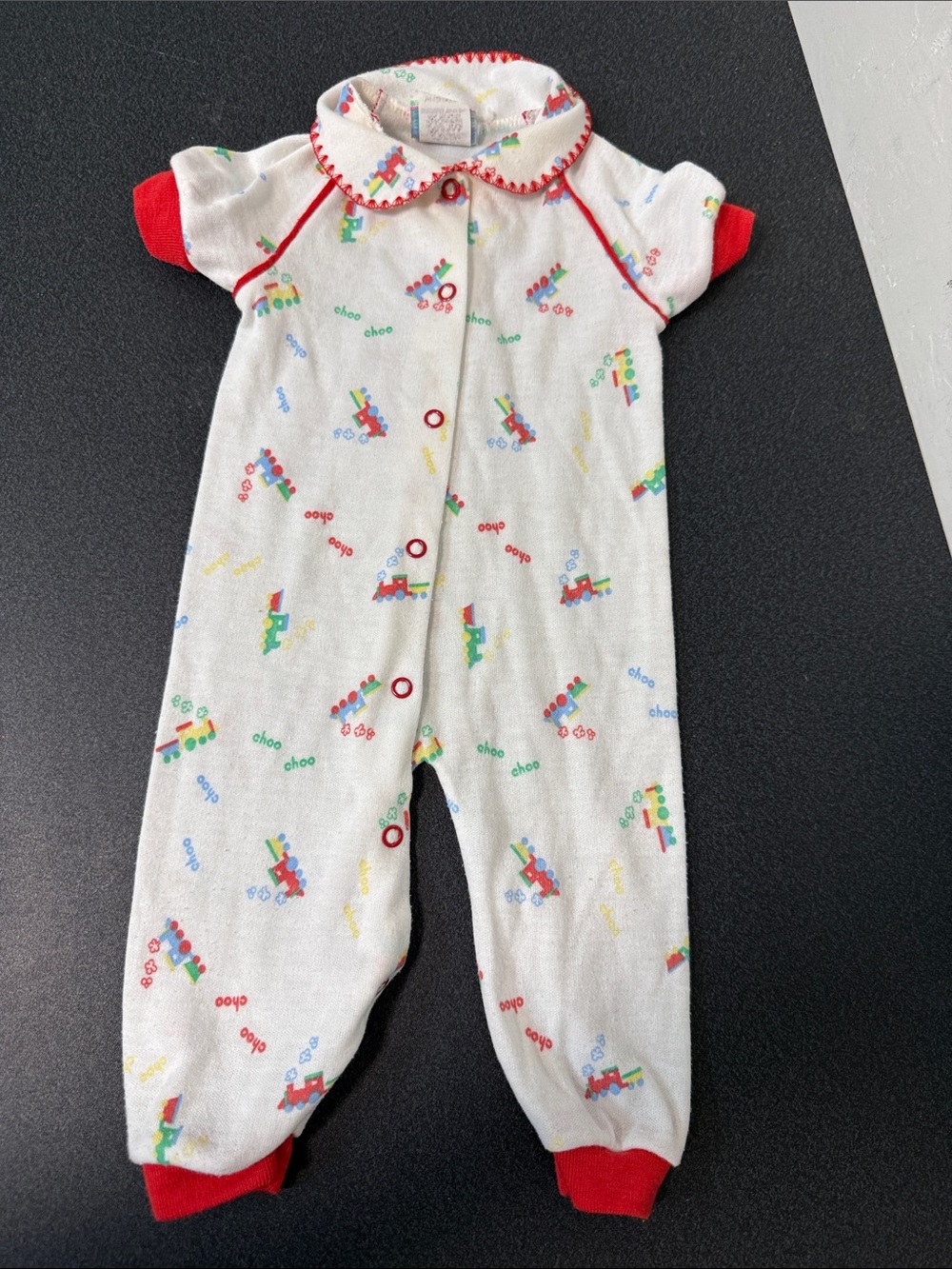 White Footed Baby One-Piece with Red Trim and Train Print 1980’s